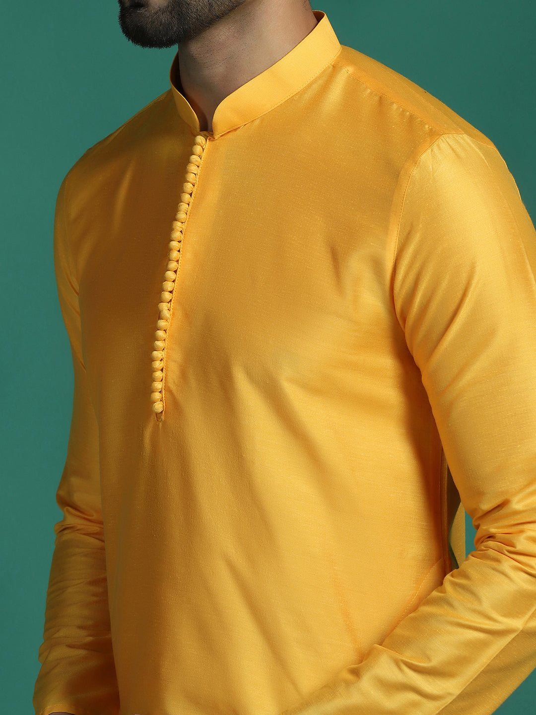 Zavaya Yellow Plain Polyester Viscose Kurta Pyjama Set for Men - Dista
