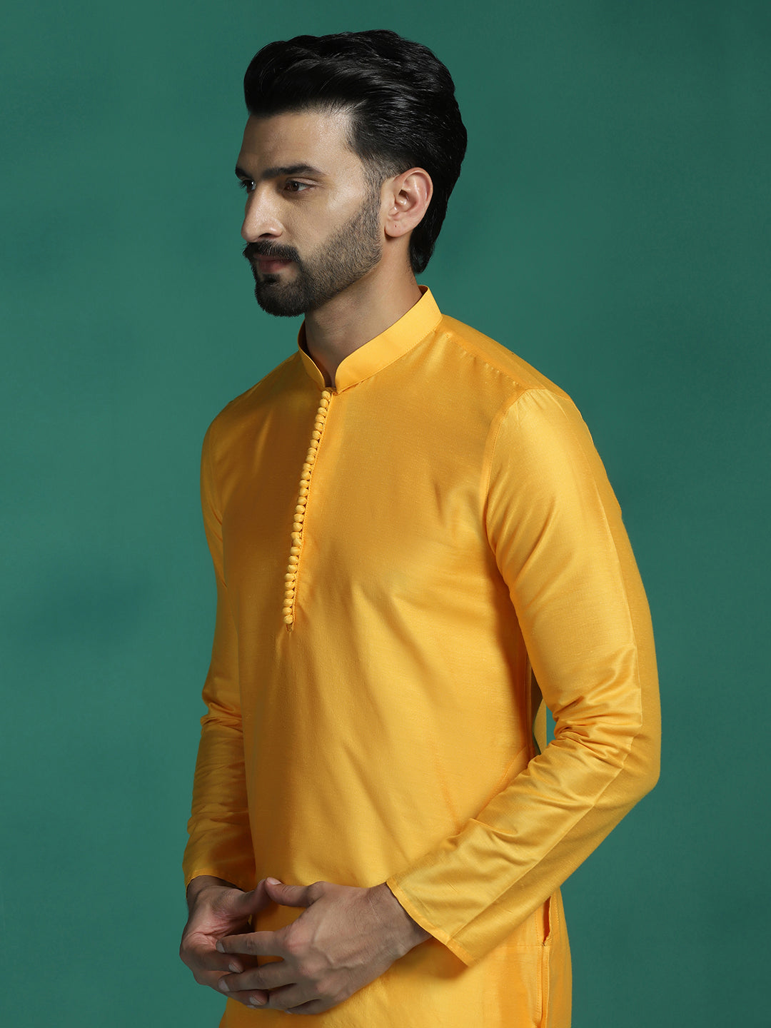 Zavaya Yellow Plain Polyester Viscose Kurta Pyjama Set for Men - Dista