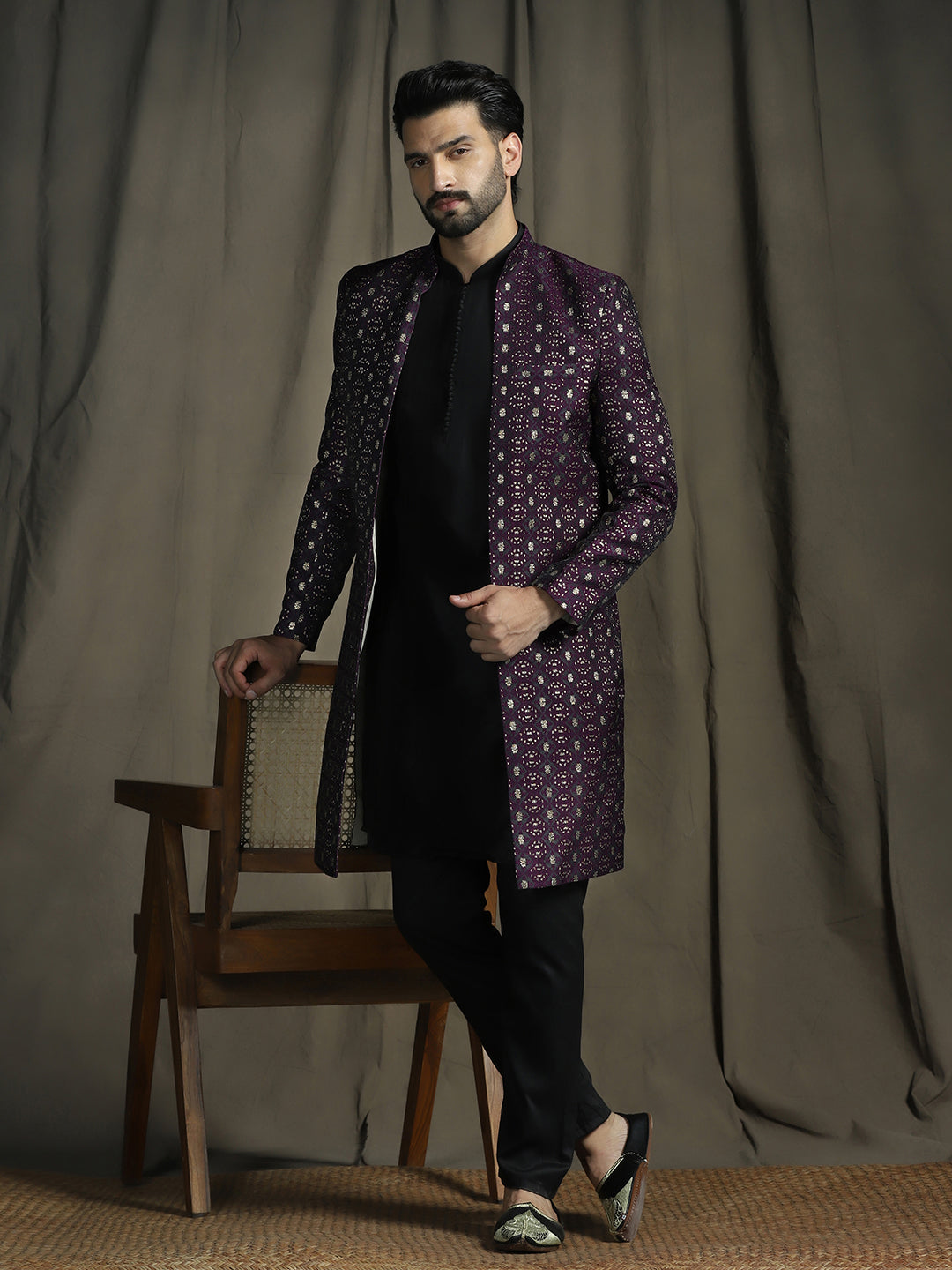 Zavaya Purple Embroidery Jacquard Kurta Sherwani Pyjama Set for Men - Dista