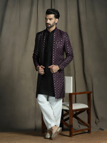 Zavaya Purple Embroidery Jacquard Kurta Sherwani Patiala Set for Men - Dista