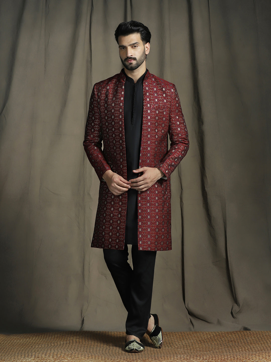 Zavaya Maroon Embroidery Jacquard Kurta Sherwani Pyjama Set for Men - Dista