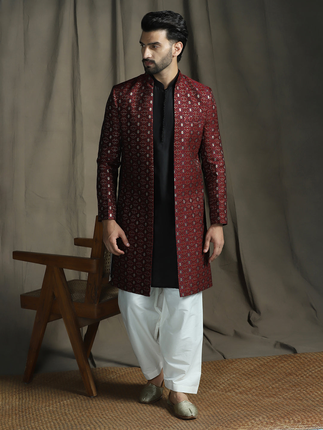 Zavaya Maroon Embroidery Jacquard Kurta Sherwani Patiala Set for Men - Dista