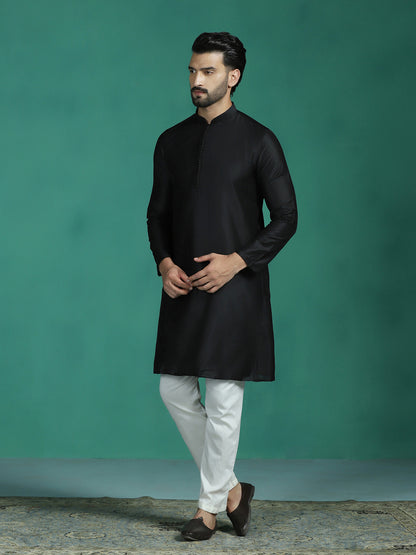 Zavaya Black Plain Polyester Viscose Kurta Pyjama Set for Men - Dista