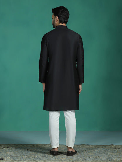 Zavaya Black Plain Polyester Viscose Kurta Pyjama Set for Men - Dista