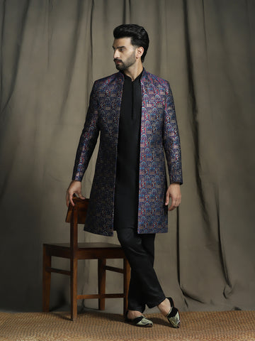 Zavaya Navy Blue Embroidery Jacquard Kurta Sherwani Pyjama Set for Men - Dista