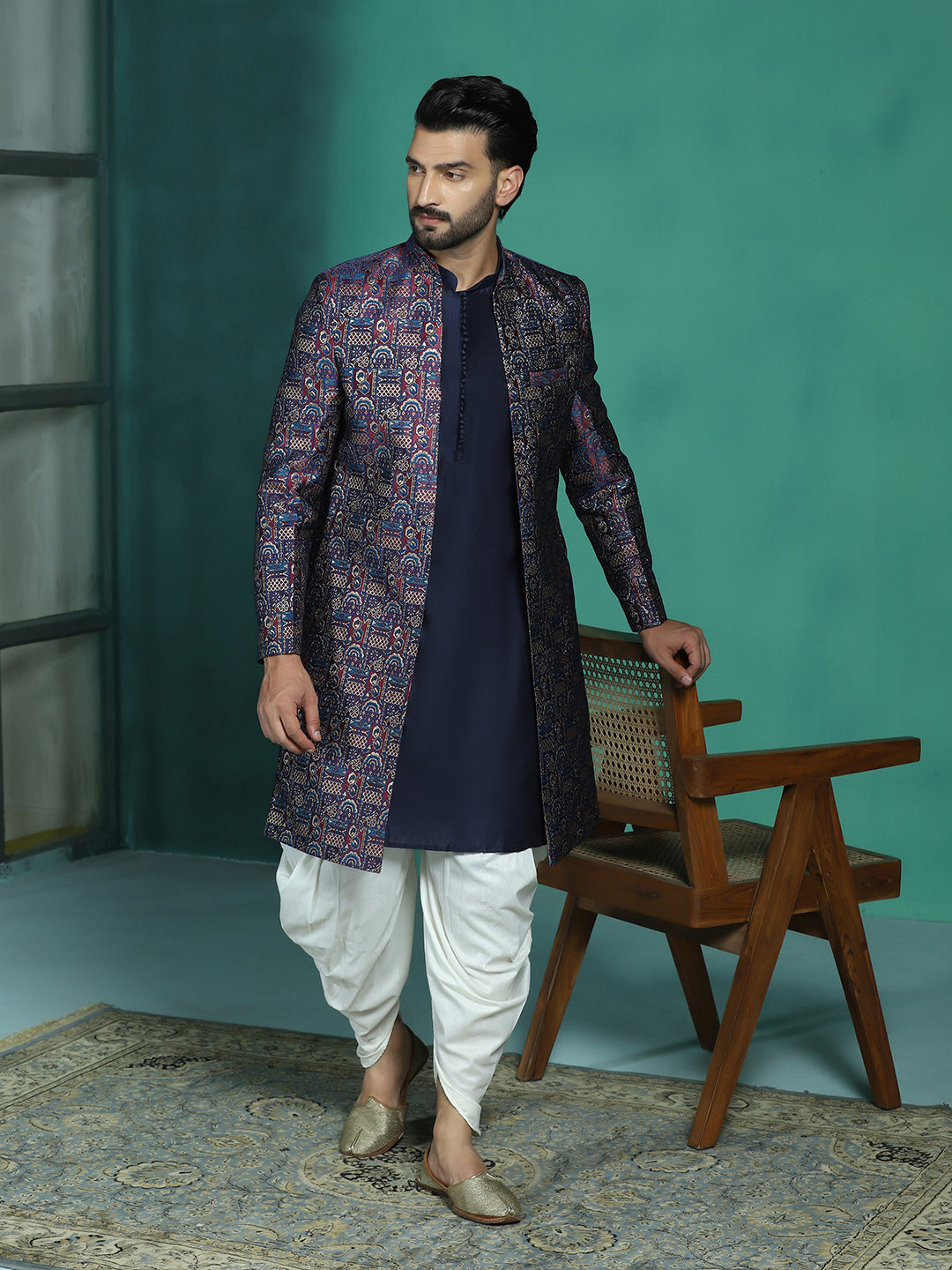 Zavaya Navy Blue Embroidery Jacquard Kurta Sherwani Dhoti Set for Men - Dista