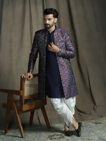 Zavaya Navy Blue Embroidery Jacquard Kurta Sherwani Dhoti Set for Men - Dista