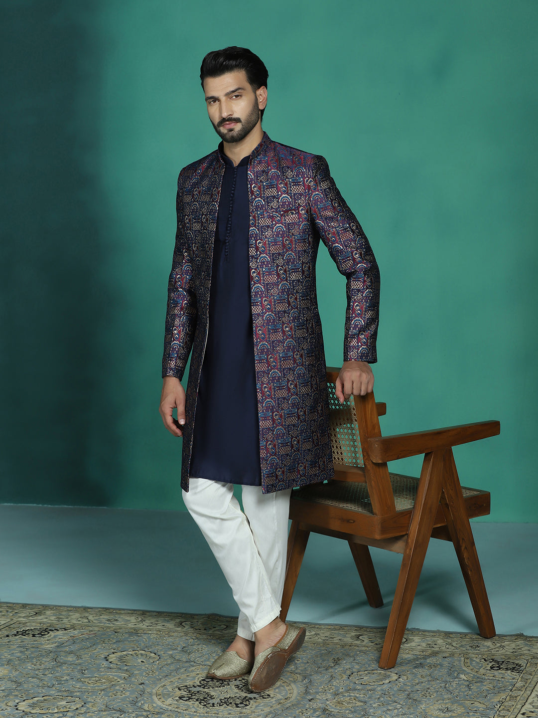 Zavaya Navy Blue Embroidery Jacquard Kurta Sherwani Pyjama Set for Men - Dista