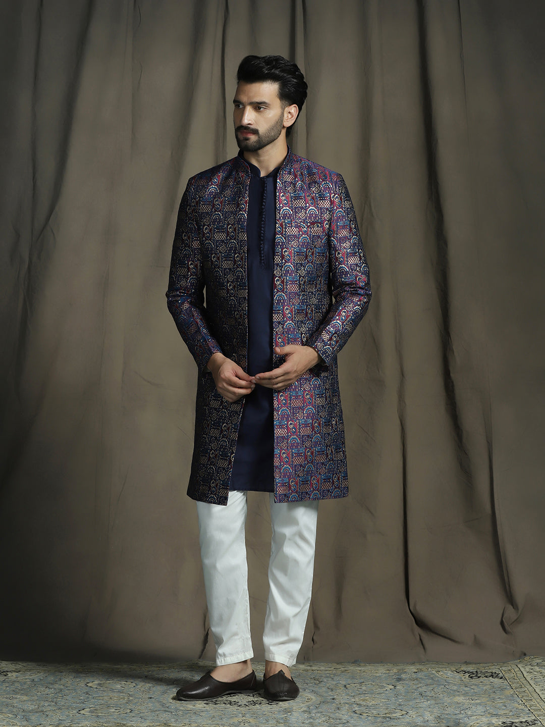 Zavaya Navy Blue Embroidery Jacquard Kurta Sherwani Pyjama Set for Men - Dista