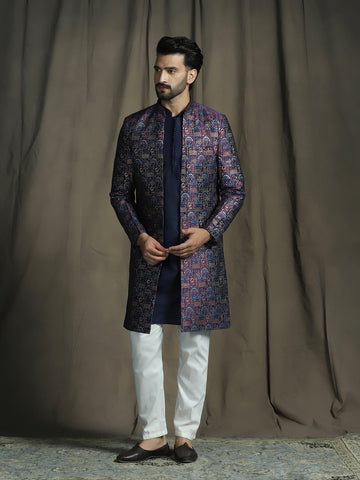 Zavaya Navy Blue Embroidery Jacquard Kurta Sherwani Pyjama Set for Men - Dista