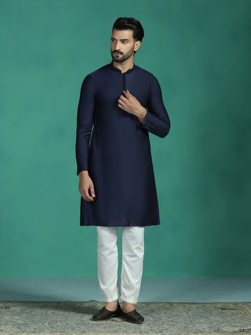 Zavaya Navy Blue Plain Polyester Viscose Kurta Pyjama Set for Men - Dista