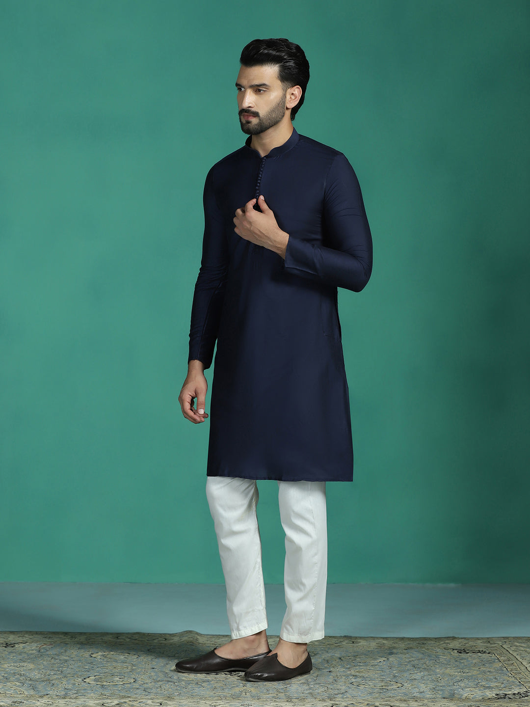 Zavaya Navy Blue Plain Polyester Viscose Kurta Pyjama Set for Men - Dista