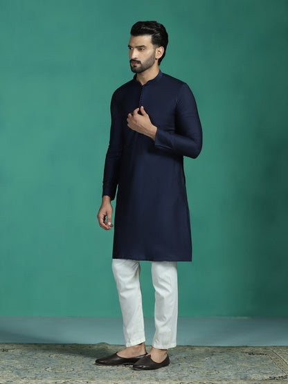 Zavaya Navy Blue Plain Polyester Viscose Kurta Pyjama Set for Men - Dista