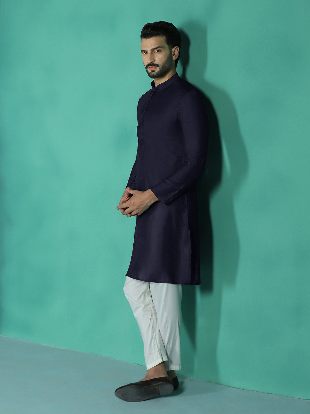 Zavaya Navy Blue Plain Polyester Viscose Kurta Pyjama Set for Men - Dista