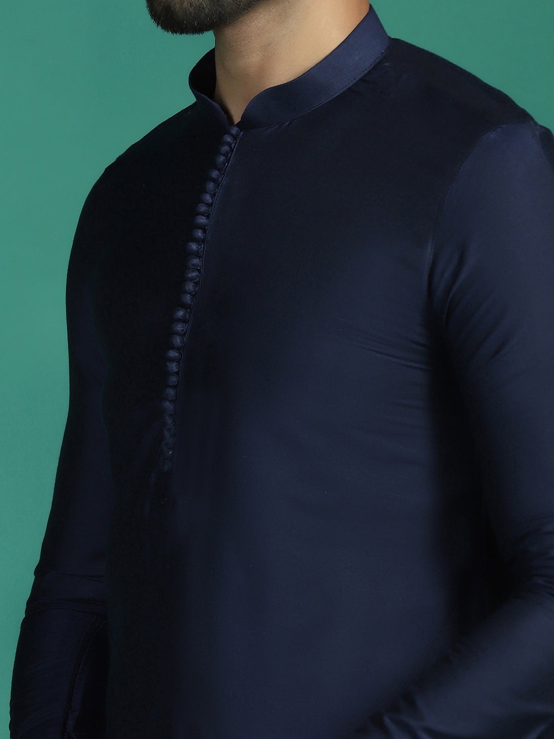 Zavaya Navy Blue Plain Polyester Viscose Kurta Pyjama Set for Men - Dista