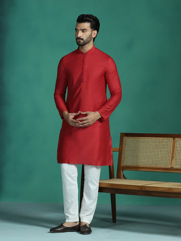 Zavaya Red Plain Polyester Viscose Kurta Pyjama Set for Men - Dista