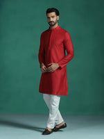 Thumbnail for Zavaya Red Plain Polyester Viscose Kurta Pyjama Set for Men