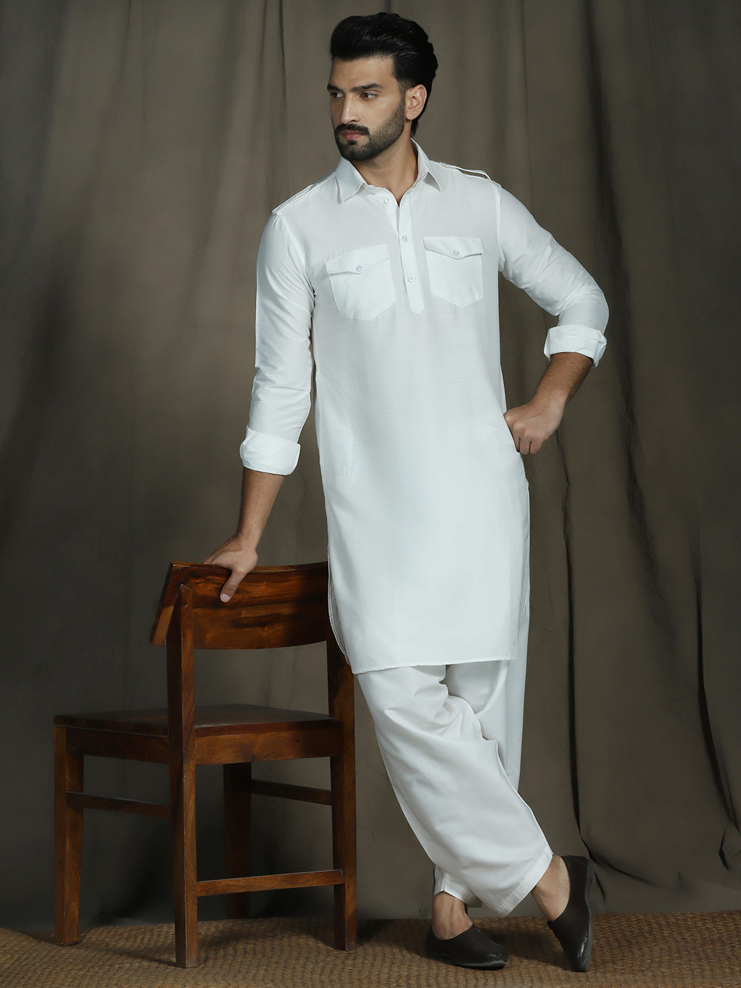 Zavaya White Plain Polyester Viscose Kurta Salwar Set for Men - Dista