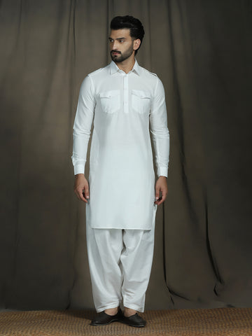 Zavaya White Plain Polyester Viscose Kurta Salwar Set for Men - Dista