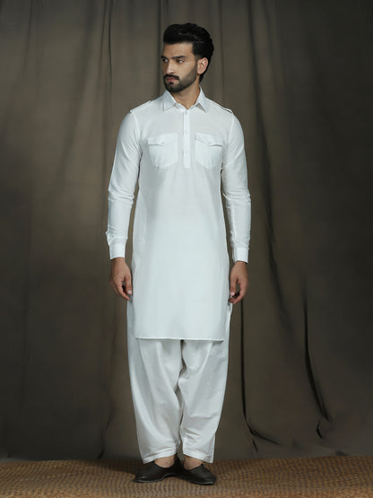 Zavaya White Plain Polyester Viscose Kurta Salwar Set for Men - Dista