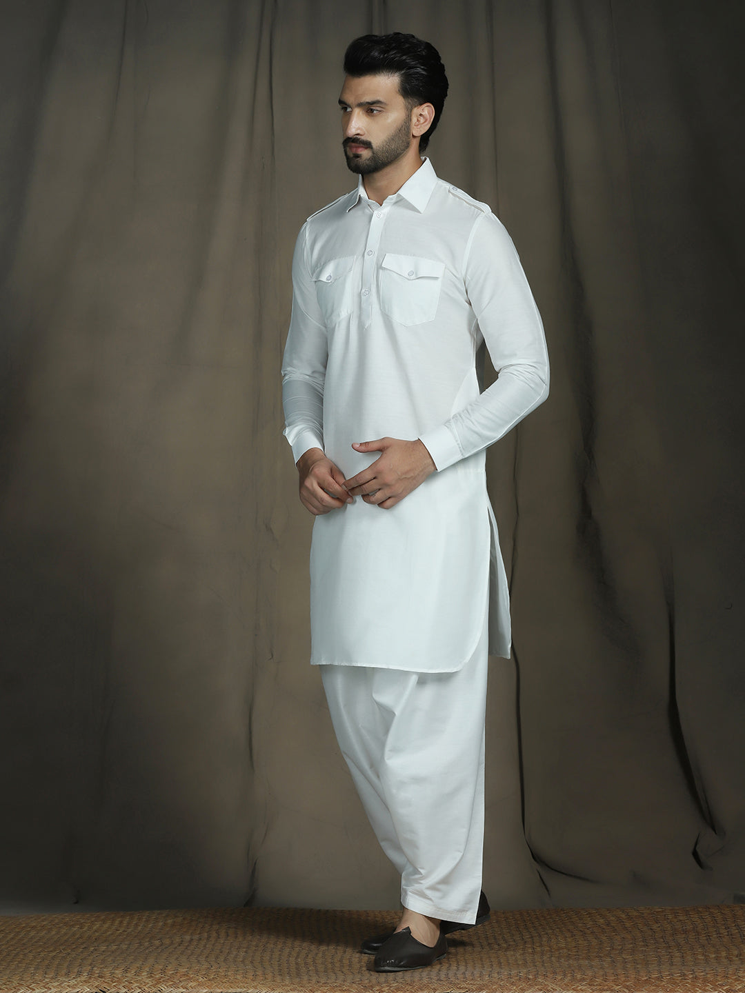Zavaya White Plain Polyester Viscose Kurta Salwar Set for Men - Dista