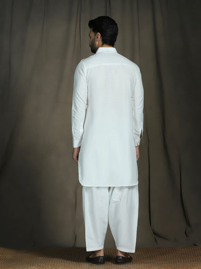 Zavaya White Plain Polyester Viscose Kurta Salwar Set for Men - Dista