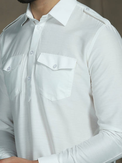 Zavaya White Plain Polyester Viscose Kurta Salwar Set for Men - Dista