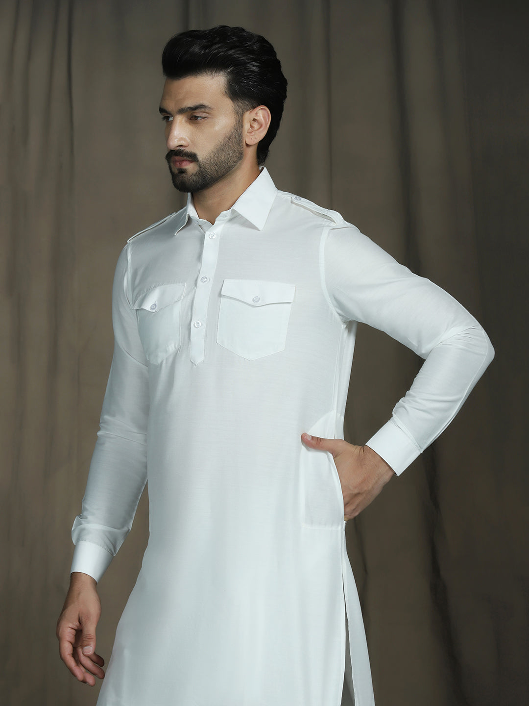 Zavaya White Plain Polyester Viscose Kurta Salwar Set for Men - Dista