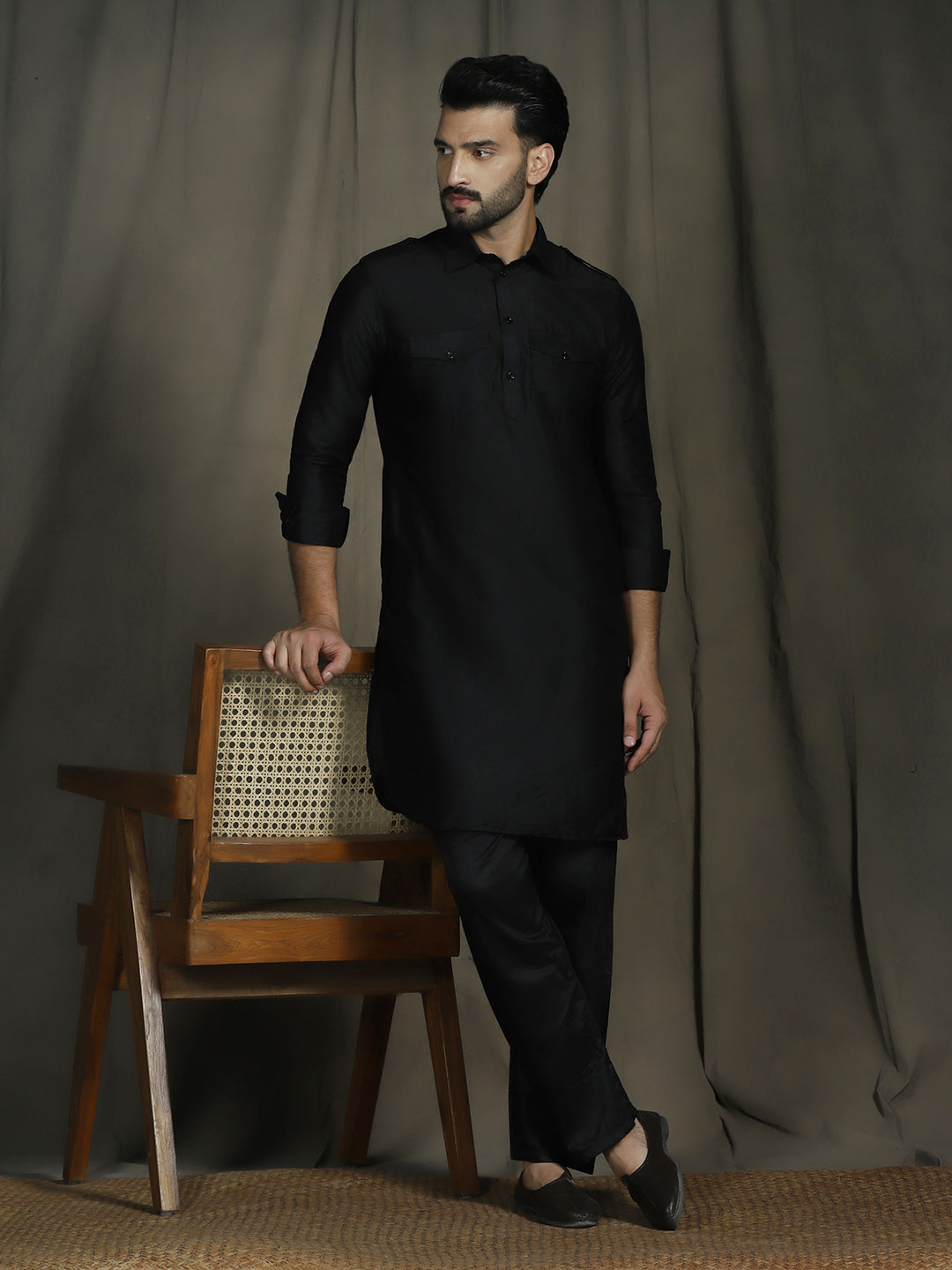 Zavaya Black Plain Polyester Viscose Kurta Salwar Set for Men - Dista
