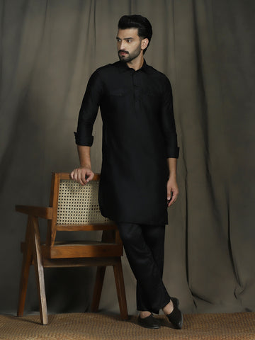 Zavaya Black Plain Polyester Viscose Kurta Salwar Set for Men - Dista
