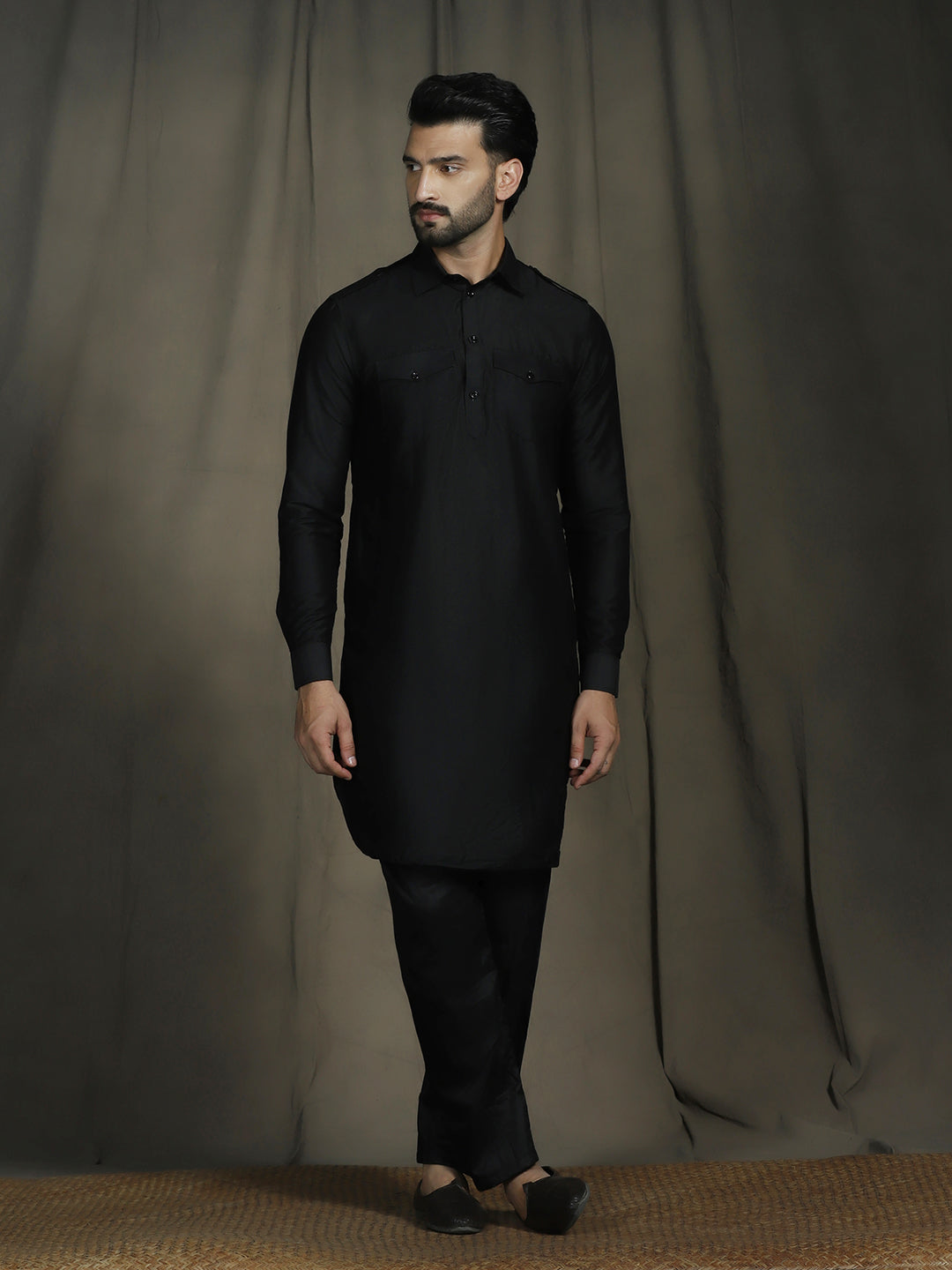 Zavaya Black Plain Polyester Viscose Kurta Salwar Set for Men - Dista