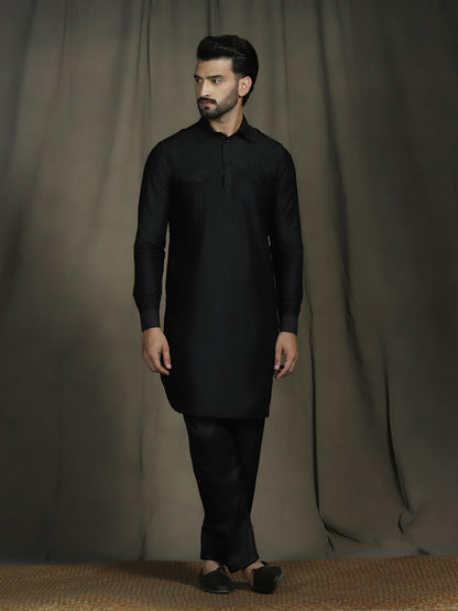 Zavaya Black Plain Polyester Viscose Kurta Salwar Set for Men - Dista
