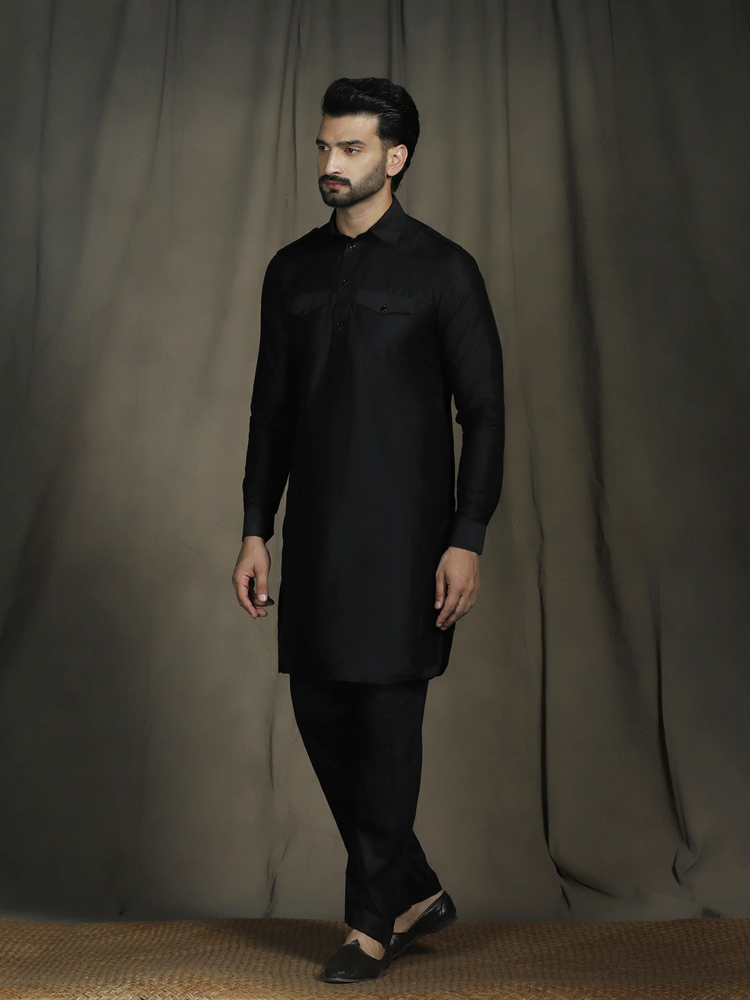 Zavaya Black Plain Polyester Viscose Kurta Salwar Set for Men - Dista
