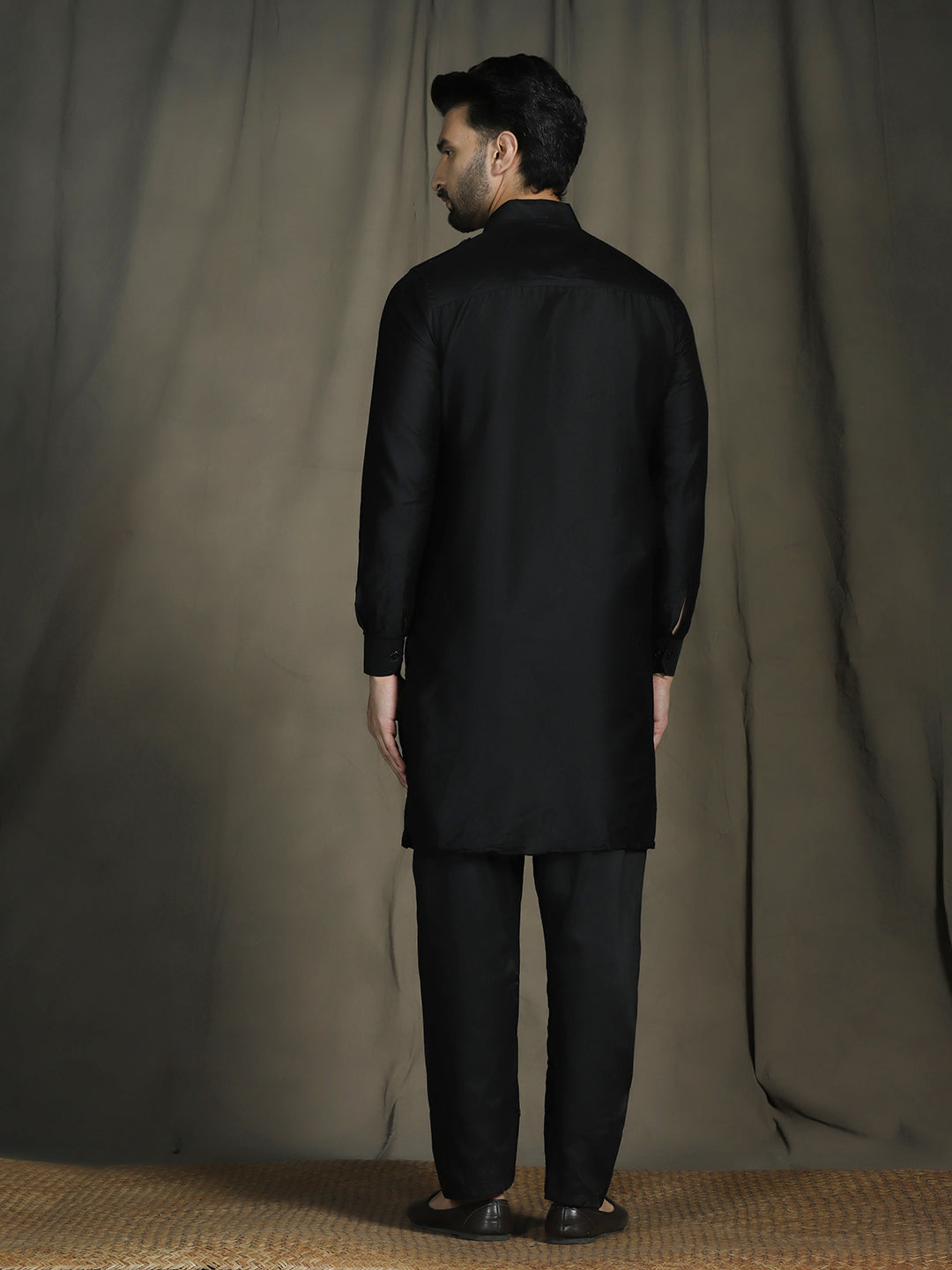 Zavaya Black Plain Polyester Viscose Kurta Salwar Set for Men - Dista