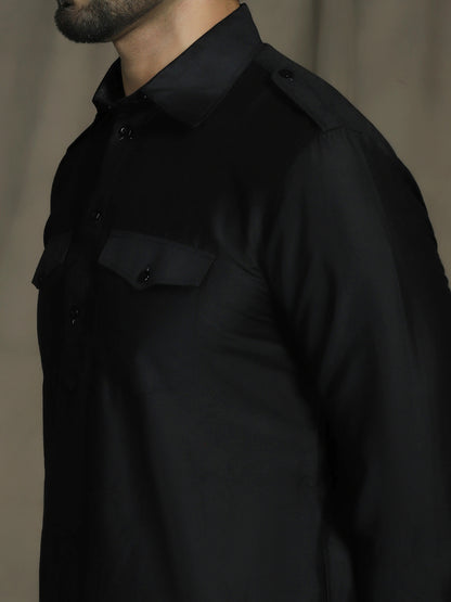 Zavaya Black Plain Polyester Viscose Kurta Salwar Set for Men - Dista
