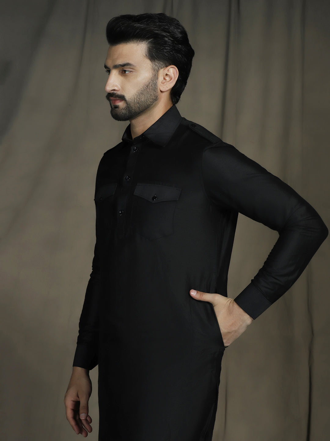 Zavaya Black Plain Polyester Viscose Kurta Salwar Set for Men - Dista