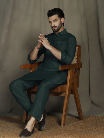 Zavaya Deep Green Plain Polyester Viscose Kurta Salwar Set for Men - Dista