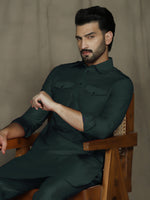 Thumbnail for Zavaya Deep Green Plain Polyester Viscose Kurta Salwar Set for Men