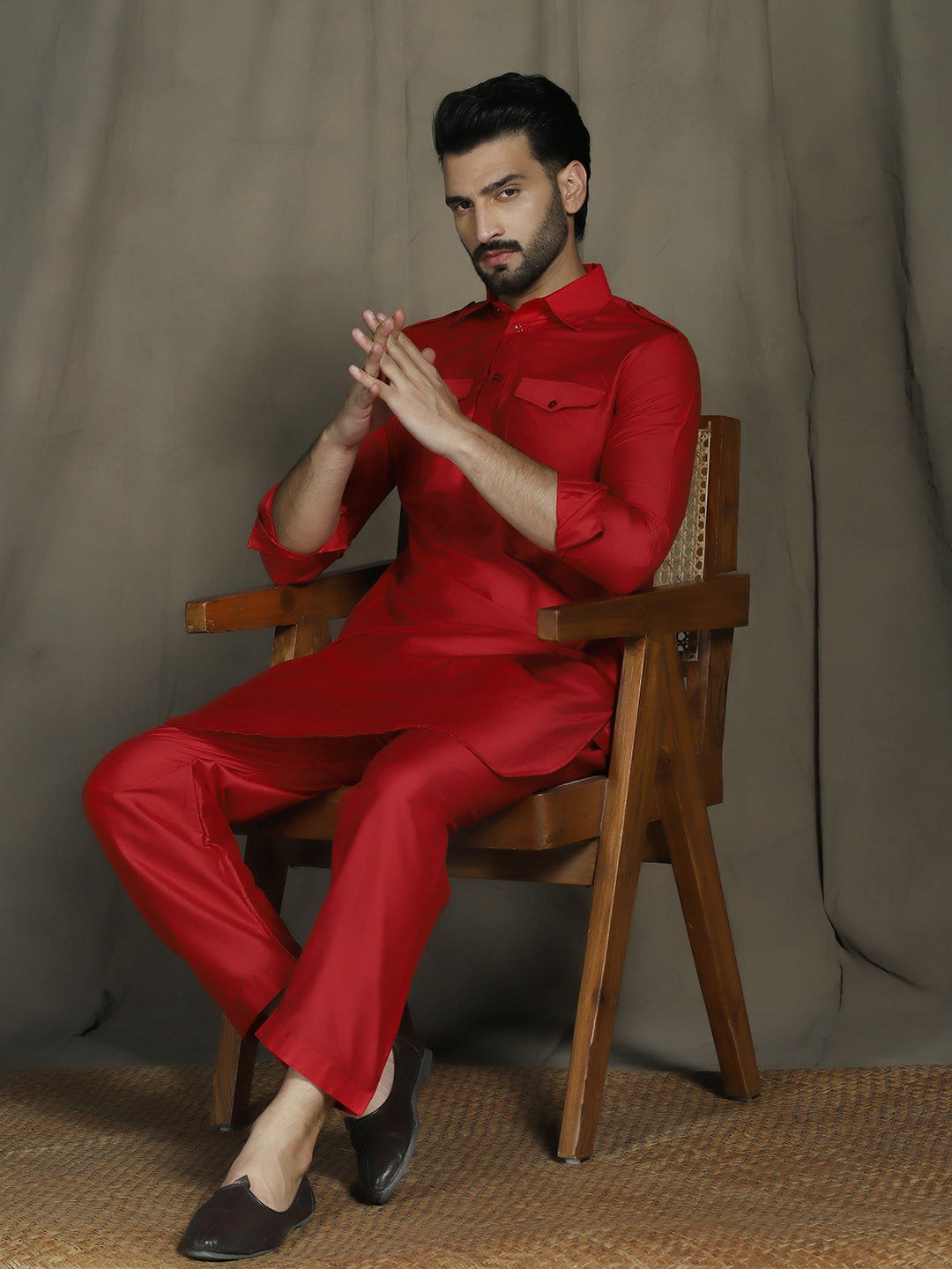 Zavaya Red Plain Polyester Viscose Kurta Salwar Set for Men - Dista