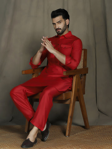 Zavaya Red Plain Polyester Viscose Kurta Salwar Set for Men - Dista