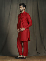 Thumbnail for Zavaya Red Plain Polyester Viscose Kurta Salwar Set for Men