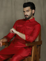 Thumbnail for Zavaya Red Plain Polyester Viscose Kurta Salwar Set for Men