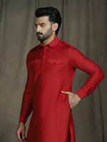 Thumbnail for Zavaya Red Plain Polyester Viscose Kurta Salwar Set for Men