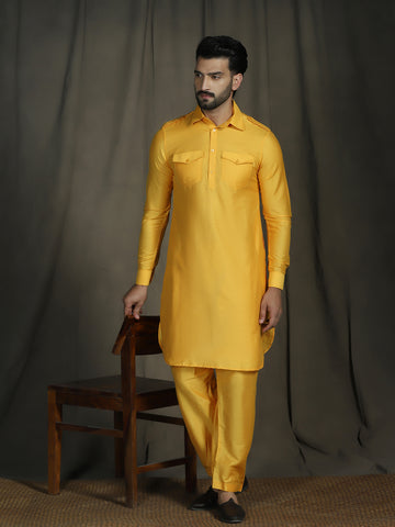 Zavaya Yellow Plain Polyester Viscose Kurta Salwar Set for Men - Dista
