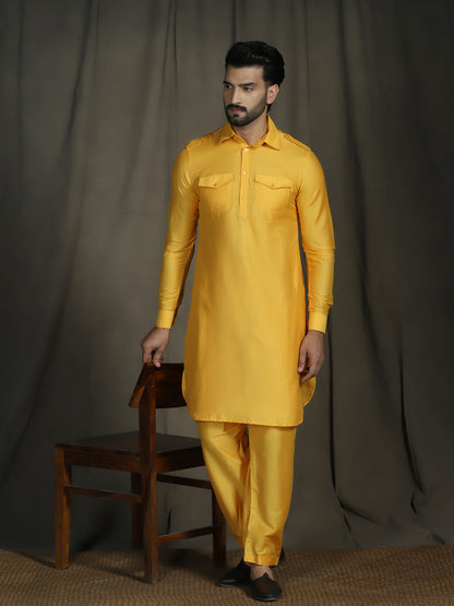 Zavaya Yellow Plain Polyester Viscose Kurta Salwar Set for Men - Dista
