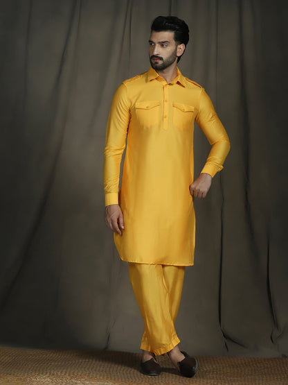 Zavaya Yellow Plain Polyester Viscose Kurta Salwar Set for Men - Dista