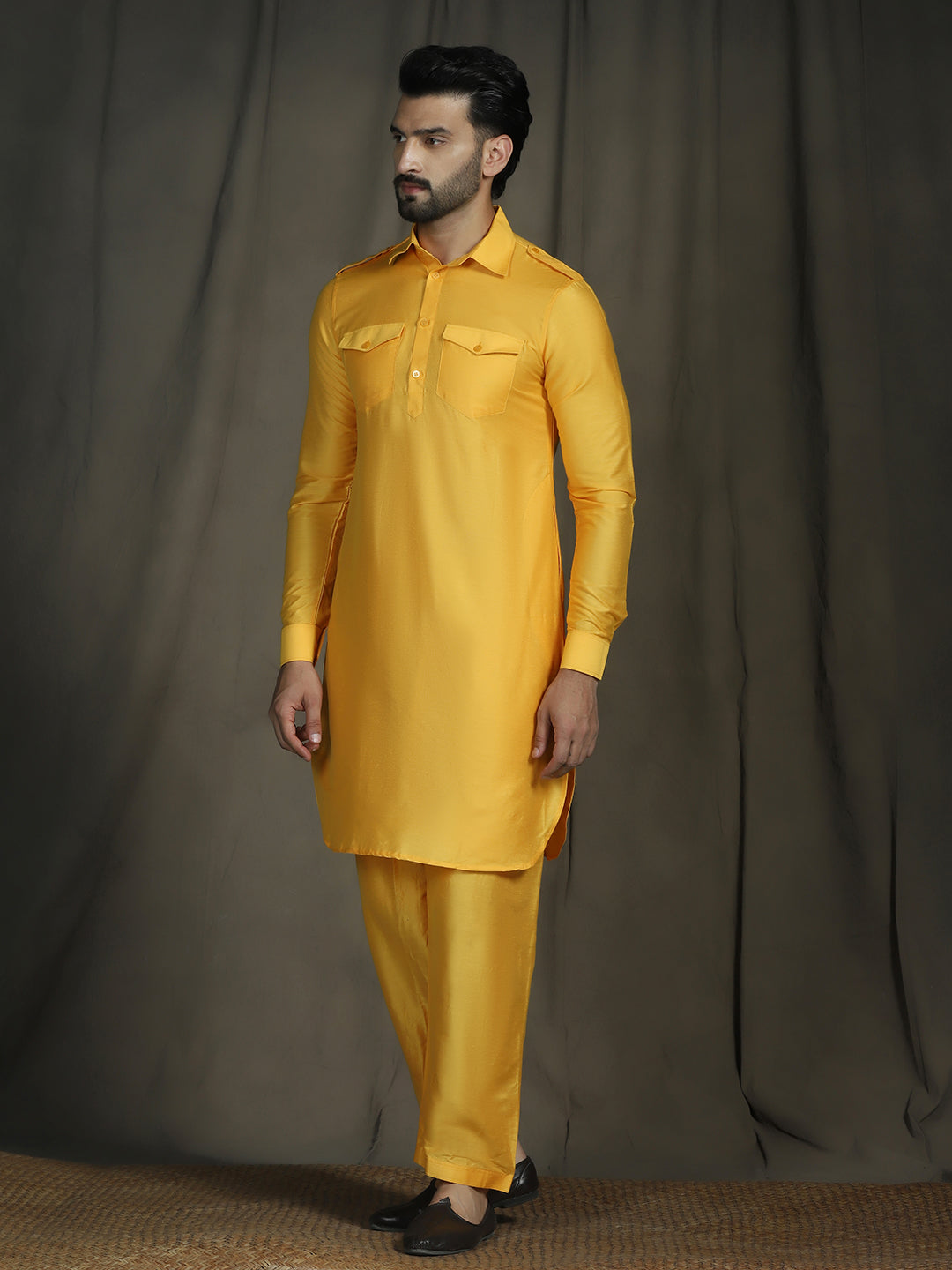 Zavaya Yellow Plain Polyester Viscose Kurta Salwar Set for Men - Dista