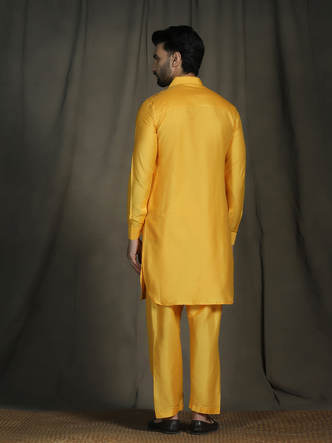 Zavaya Yellow Plain Polyester Viscose Kurta Salwar Set for Men - Dista