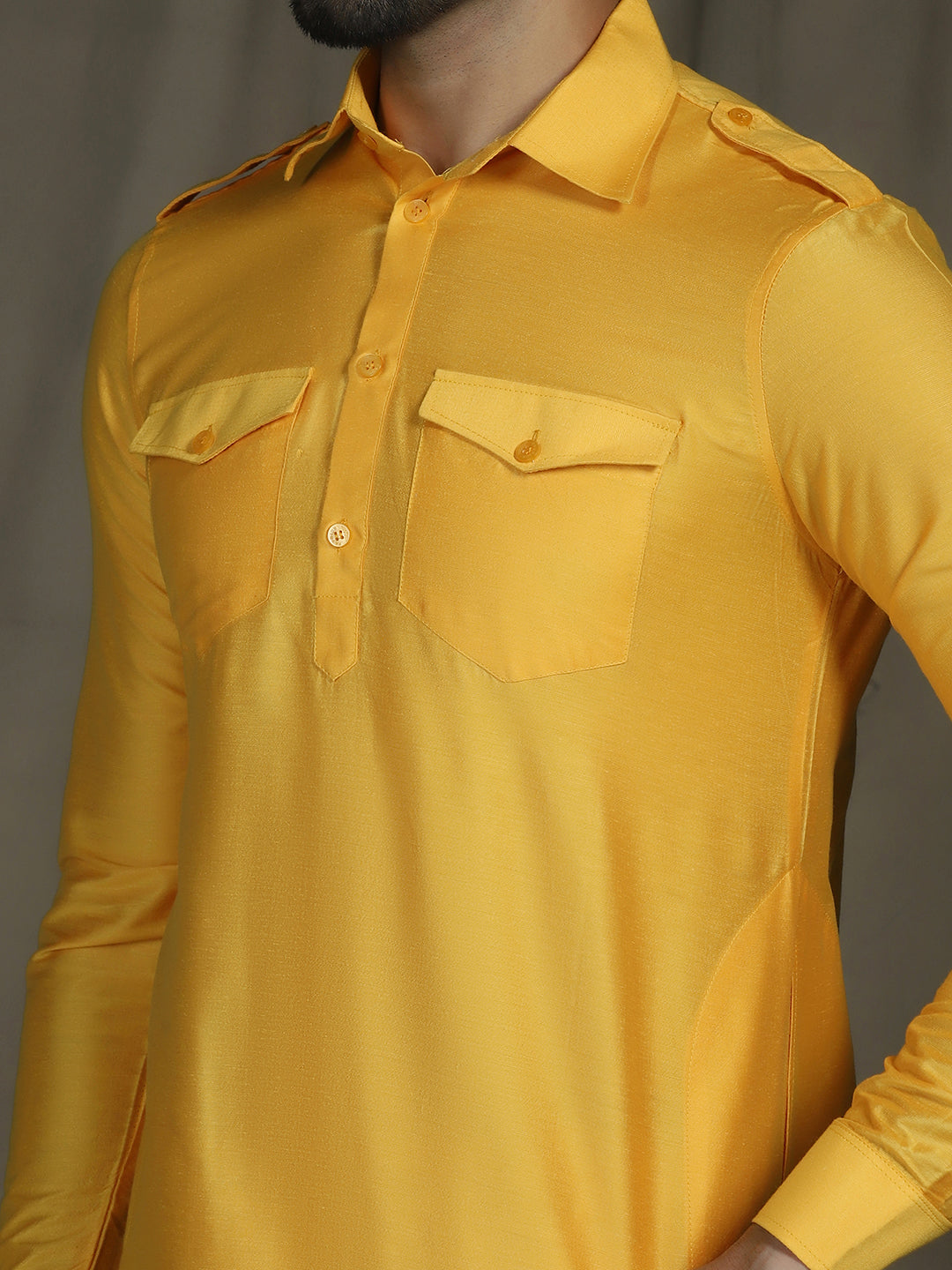 Zavaya Yellow Plain Polyester Viscose Kurta Salwar Set for Men - Dista