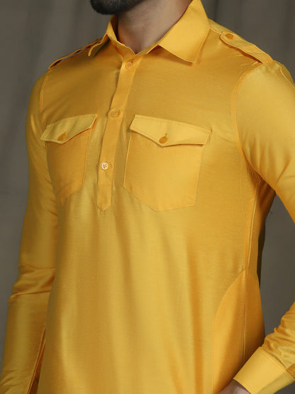 Zavaya Yellow Plain Polyester Viscose Kurta Salwar Set for Men - Dista